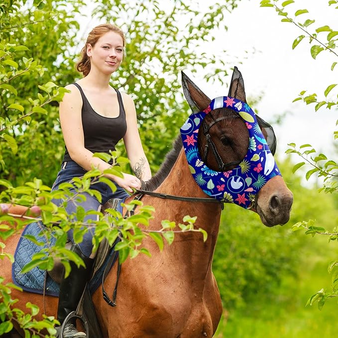 Frienda 4 Pieces Horse Fly Masks with Ears Face Covering UV Protection from Insect Pests Elasticity Smooth Comfortable Mesh Horse Mask Accessories(Geometric,Medium)