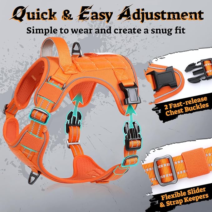 rabbitgoo Dog Harness for Large Dogs No Pull, Tactical Service Pet Vest with Molle and Control Handle, Adjustable and Reflective Military Harness for Easy Walking and Training, Orange, XL