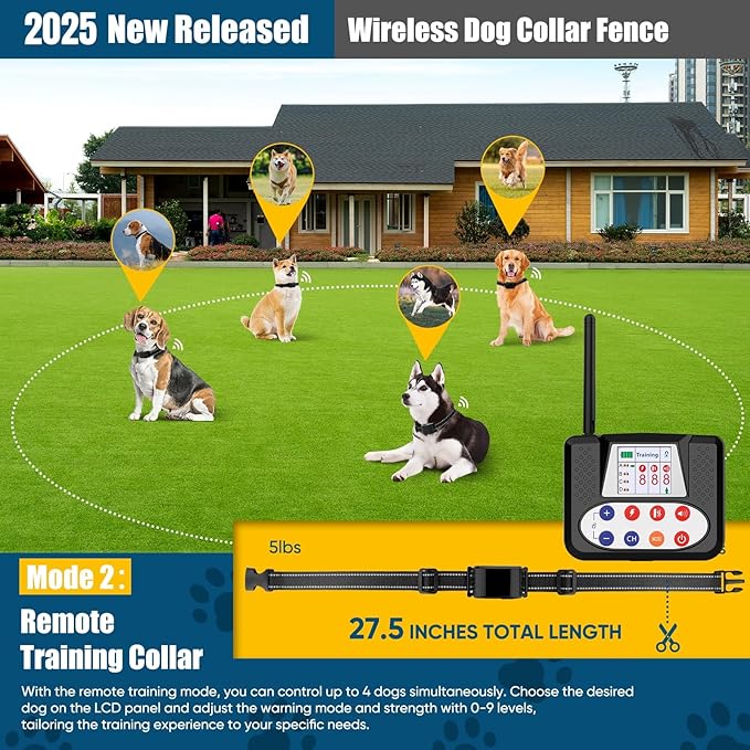 Wireless Dog Fence System, Electric Fence for Dogs with Big LCD Screen, 2 in 1 Portable Wireless Pet Perimeter for Outdoor, Pet Remote Training collar, Adjustable Collar for Big Medium Small Dogs