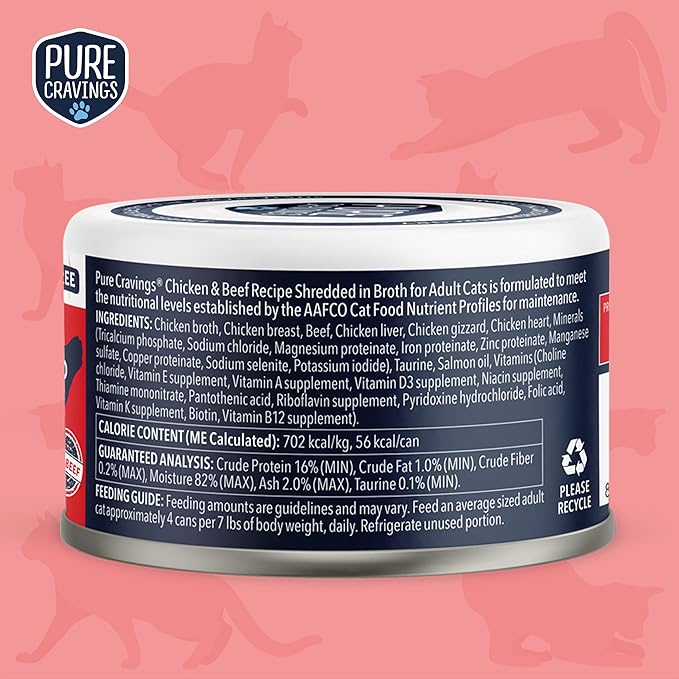 Chicken and Beef Recipe in Broth, Shredded Wet Cat Food, Grain-Free Protein, Non-GMO, 12 Pack