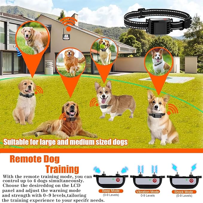 Dog Wireless Fence & Remote Shock Dog Training Collar 2-in-1, Electric Dog Fence, Adjustable Warning Strength & Range Sizes, Rechargeable Pet Boundary Containment System for 1/2/3/4 Dogs,for3dogs