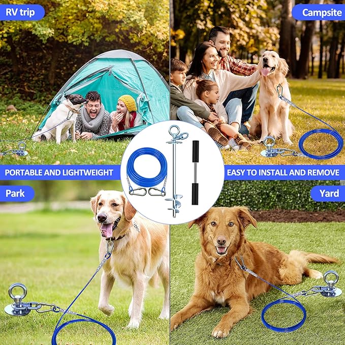 TOPKNOT 15FT Heavy Duty Stainless Steel Dog Tie Out Cable and Stake, 360 Swivel Dog Run, Rust Proof, Holds 2 Dogs Up to 200LBS, Ideal for Outdoor Camping and Yard Use