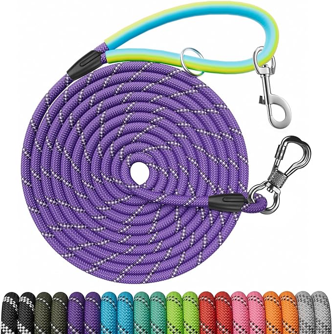 NTR Dog Rope Leash, 10FT Recall Training Lead, with 2 Swivel Hooks, Reflective Threads and Soft Rubber Handle, Puppy Leash for Walking, Hunting, Camping for Small Medium and Large Dogs-Purple