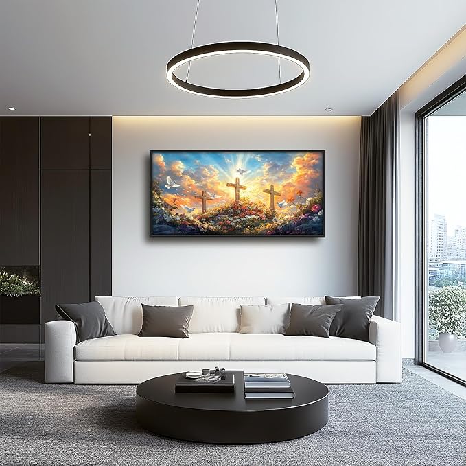 Framed Large Christian Jesus Wall Art, Oversized Floral Dove Wall Decor for Living Room, Landscape Canvas Painting Peaceful Pictures Modern Artwork for Living Room Bedroom Office 60"x30"