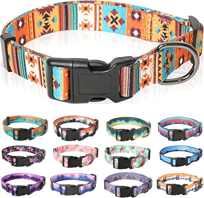 HEELE Dog Collar, Adjustable Soft Dog Collar for Small Medium Large Dogs,Floral Patterned Puppy Collars with Quick Release Buckle M Length 13.39''-20.87''