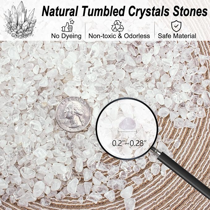 0.5 Lb/230g Clear Quartz Crystal Stone Chips Bulk, Tumbled Healing Crystal Chips Natural Gemstones Crushed Stones Decorative Vase Fillers Aquarium Gravel Rocks, 3-5mm