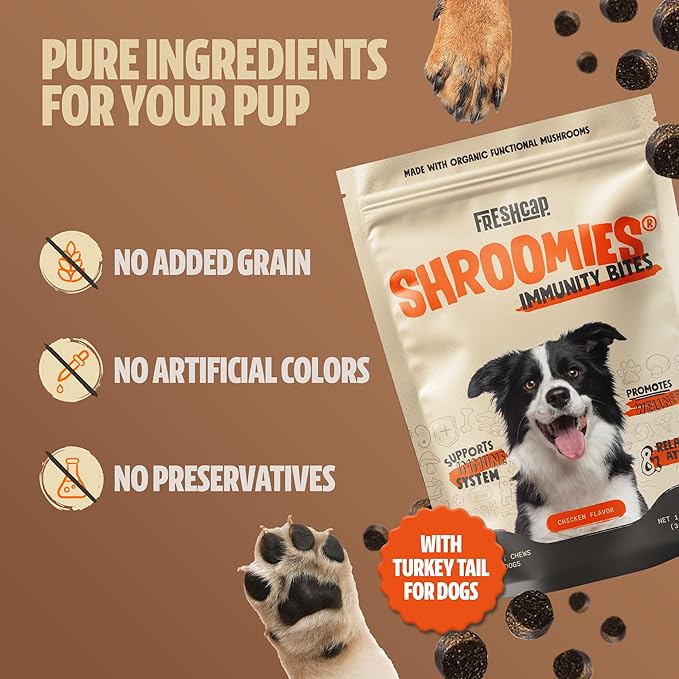 FreshCap Mushrooms Shroomies - 13 in 1 Turkey Tail Mushroom for Dogs, Super Blend Mushroom Supplement for Dogs, Dog Immune Support, Calming Treats (180 Soft Chews)