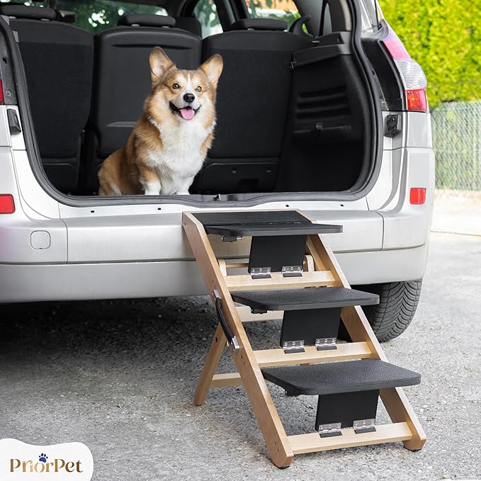 Dog Steps for Bed & Couch 2-in-1 Dog Stairs/Ramp - Height Adjustable Dog Ramp for Couch 7” - 20” - Pet Stairs, Dog Stairs for Small Dogs - Easy to Move Pet Steps with Landing Platform, Natural