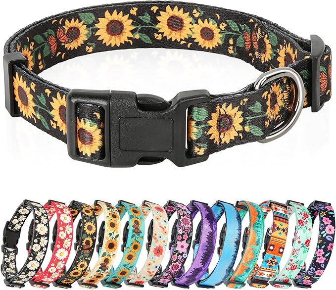 HEELE Dog Collar, Adjustable Soft Dog Collar for Small Medium Large Dogs,Sunflower Floral Patterned Puppy Collars with Quick Release Buckle Sunflower Black S Length 9.84''-14.96'