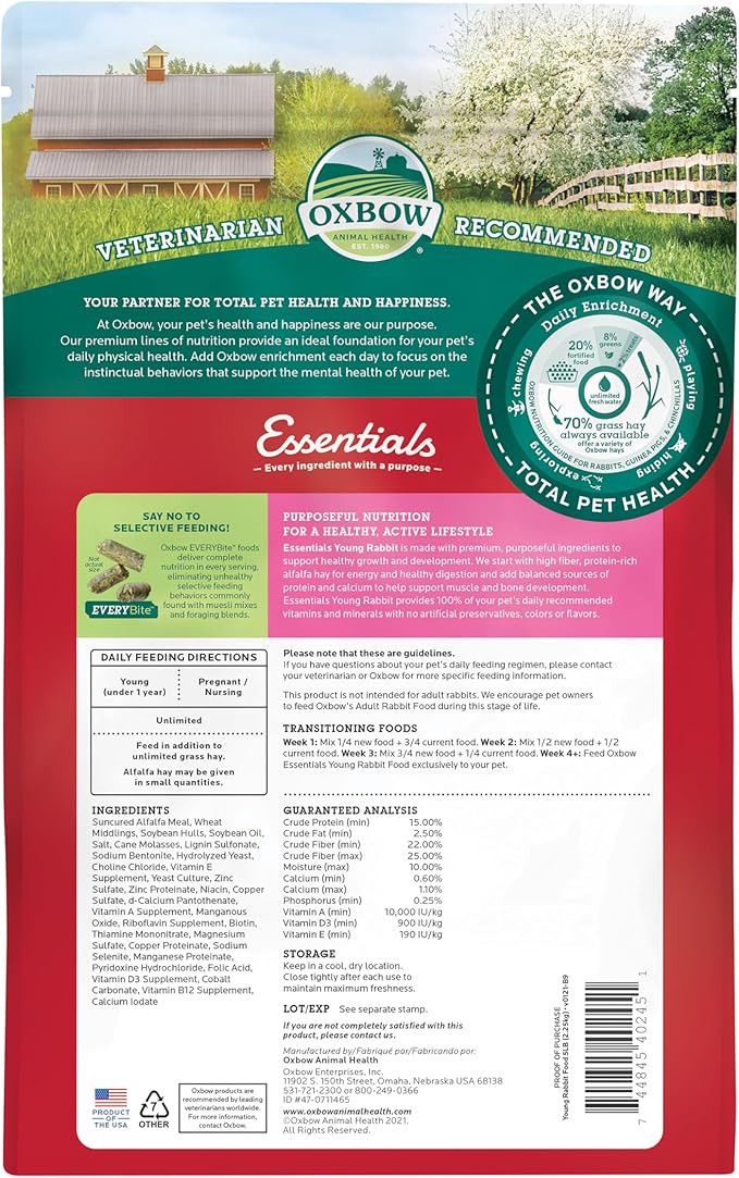 Oxbow Essentials Rabbit Food, Young Rabbit, Made with Oxbow Alfalfa Hay, Pet Food Pellets with Vitamins & Minerals, Small Animal Pet Products, Bunny Supplies, Made in USA, High Fiber, 5 lb. bag