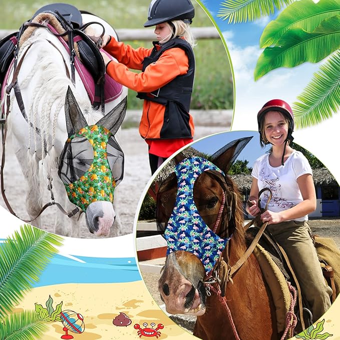 Chunful 6 Pcs Horse Fly Masks with Ears Smooth and Comfortable Cashel Mesh Fly Mask Elasticity Breathability UV Protection Horse Face Covering for Riding Supplies(Flamingo,Large)