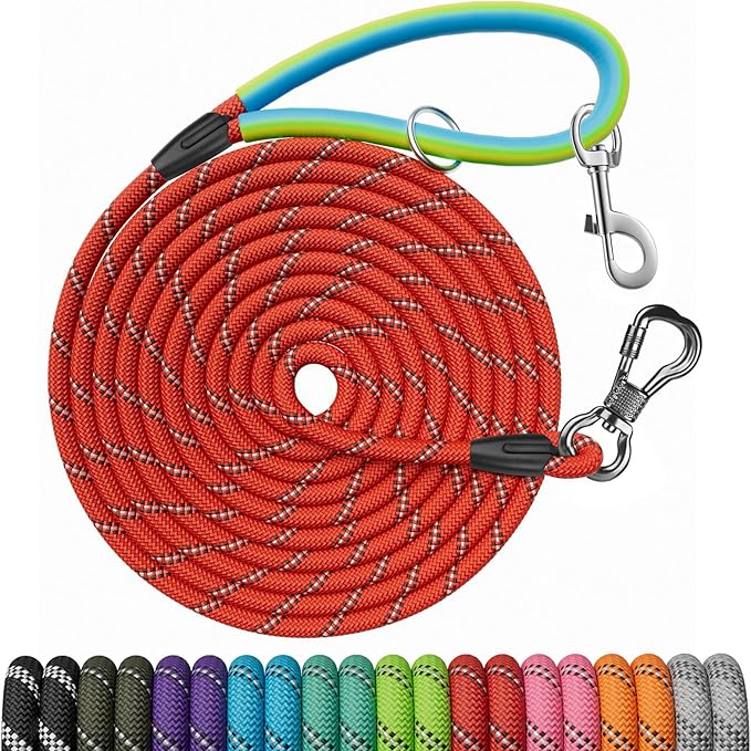 NTR 30FT Training Leash for Dogs, Nylon Rope With 2 Swivel Hooks and Soft Rubber Handle, Cat Puppy Lead for Small Medium Large Dogs Training, Playing, Camping, or Backyard - Red
