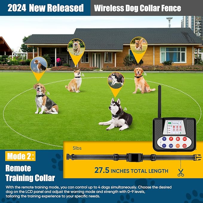 Wireless Dog Fence System, Electric Fence for Dogs with Big LCD Screen, 2 in 1 Portable Wireless Pet Perimeter for Outdoor, Pet Remote Training collar, Adjustable Collar for Big Medium Small Dogs