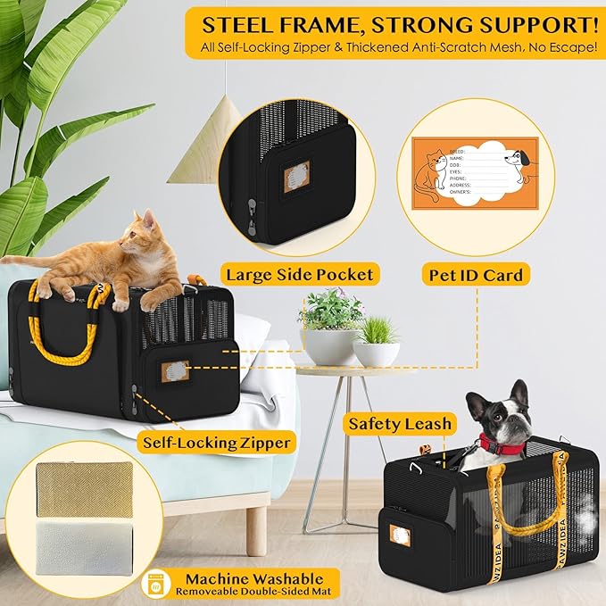 PAWZIDEA Expandable Pet Carrier w/ID Card, 18x11x11 Small Dog Carrier TSA Airline Approved, Soft-Sided Collapsible Dog Travel Bag, Top Load Cat Carrier for 2 Cats Under Seat, Puppy Carrier up to 15Lbs