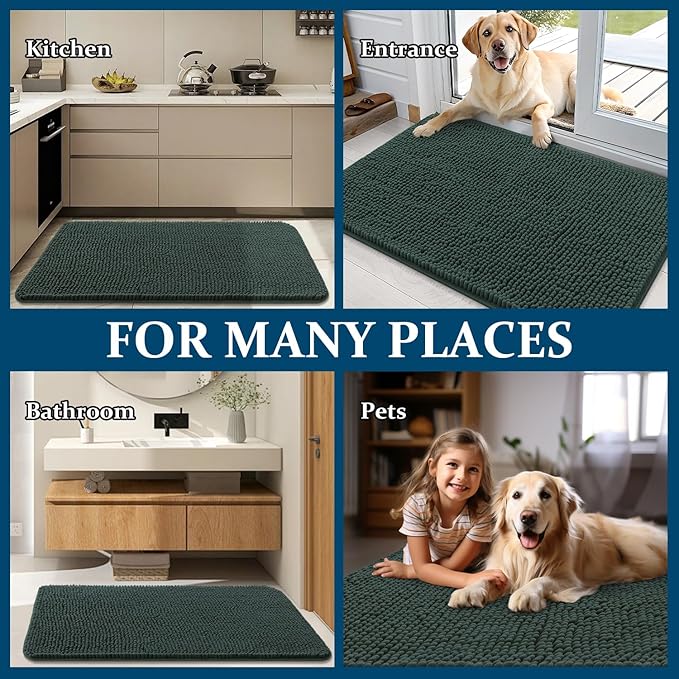 OLANLY Dog Door Mat for Muddy Paws 30x20, Absorbs Moisture and Dirt, Absorbent Non-Slip Washable Doormat, Quick Dry Chenille Mud Mat, Entry Indoor Entryway Carpet for Inside Floor, Blackish Green