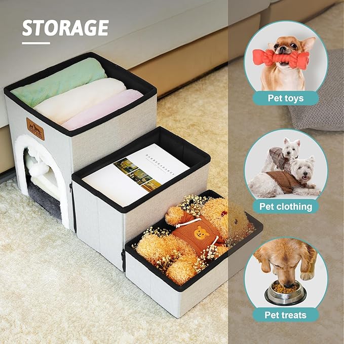 Dog Stairs for Small Dogs with Storage and Condo, 14" H Foldable Pet Stairs for Small Medium or Puppy Dogs and Older Cats, Dog Steps for Bed or Couch, 13x27x14 inch, 3 Tiers, Beige