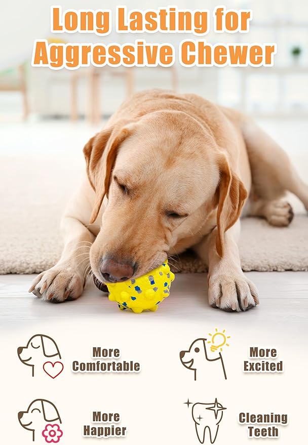 Dog Tennis Balls for Aggressive Chewers, Indestructible Durable Bouncy Interactive Toy for Dogs Fetch Game Lightweight Floating Outdoor Training(2 Yellow Point+ 2 Blue Circle Large)