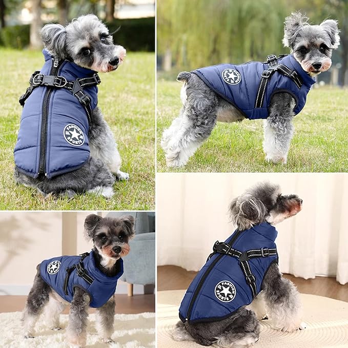 HDKUW Small Dog Jacket, Small Dog Coat Harness Winter Warm Vest Jacket Waterproof Cotton Costume for Puppy Small Dogs (2XL, Blue)