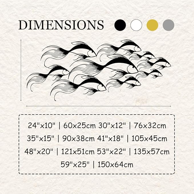 School of Fish Metal Wall Art, Metal Fish Wall Decor, Sea Life Wall Art, Large Nautical Wall Hanging, Modern Beach House Wall Decor, Ocean Themed Artwork for Bathroom (Black, 53"x22" | 135x57cm)