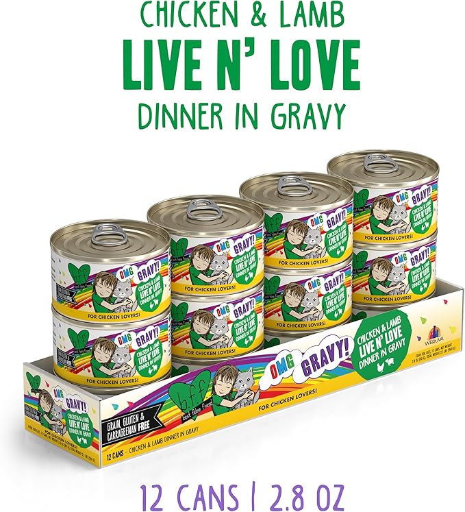 Weruva B.F.F. OMG - Best Feline Friend Oh My Gravy!, Chicken & Lamb Live N' Love with Chicken & Lamb in Gravy, 2.8oz Can (Pack of 12)