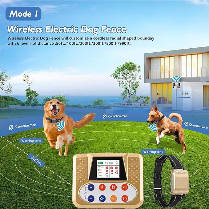 Wireless Dog Fence, Electric Dog Fence & Remote Training Collar, Vibration & Shock, IP65 Waterproof Collar for Large and Medium Dogs with 3 Training Modes, Dog Container Boundary System,for2dogs