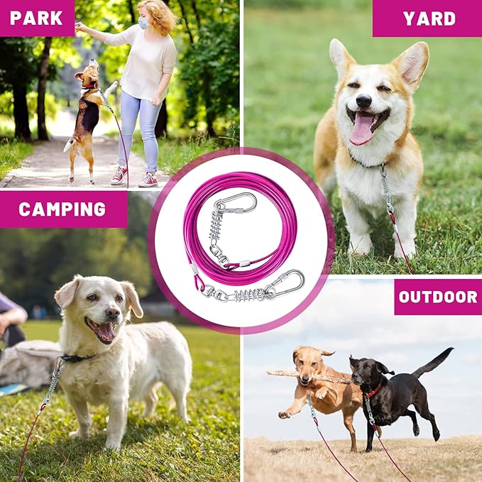 Dog Tie Out Cable - 10/15/20/25/30FT Heavy Duty for Large Dogs Up to 250LBS - Rosy Pink/Blue/Purple/Silver/Red/Green/Yellow