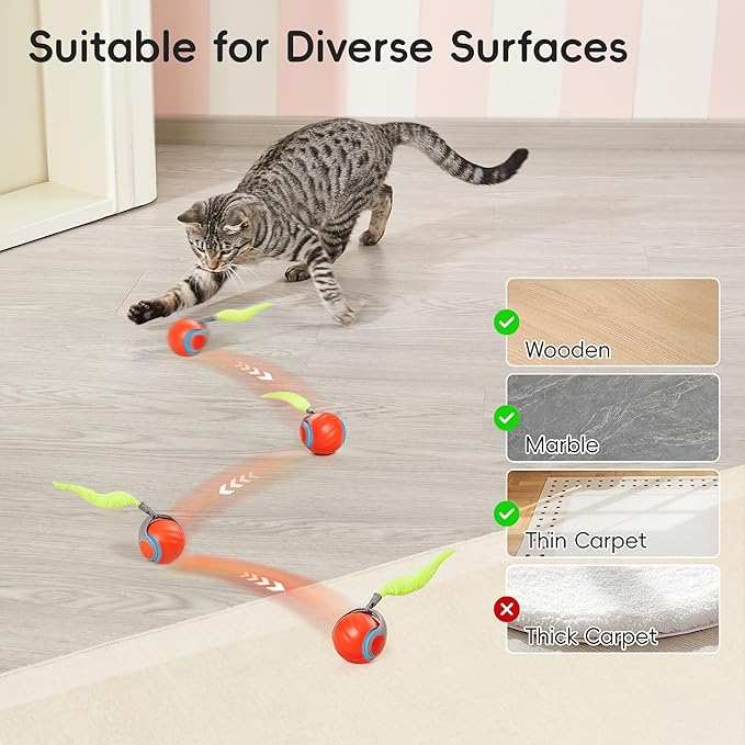 Potaroma Moving Ball Cat Toys with Feather Tail, Rechargeable 2025 New Interactive Toy for Indoor Cats Exercise, Smart Interactive Kitten Rolling Ball, Orange