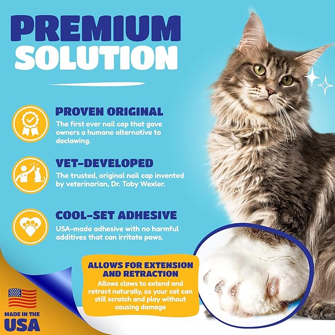 Soft Claws Cat Nail Caps for Medium Cats – (40 Caps, Blue) - Made in USA - Veterinarian-Developed | Protects Furniture & Skin - Easy to Apply, Long-Lasting Anti-Scratch Soft Cat Claw Covers