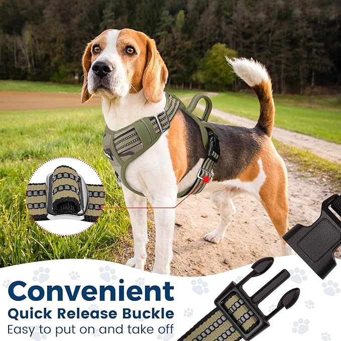 Funfox Dog Harness No Pull, Adjustable Pet Vest Harness, Super Soft Material with Vertical Handle Easy Control, Reflective Night Walking, 2 Leash Clips for XLarge Dogs, Camo Green, XL
