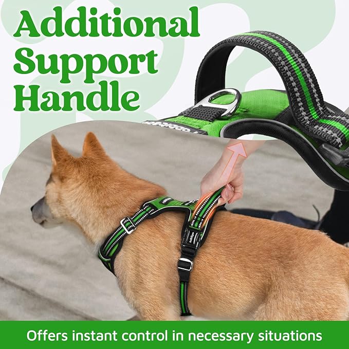 rabbitgoo Dog Harness Medium Sized, No Pull Dog Vest with 3 Buckles, Adjustable Soft Padded Pet Harness with Easy Control Handle and Reflective Strips, Green, M