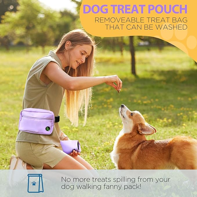 Puppy Dog Treat Pouches for Pet Training Treat Bag, Dog Walking Fanny Pack with Carabiner, Built-in Poop Bag Dispenser & Reuse Dog Poop Holder, Puppy Pet Treat Waist Belt (Purple)