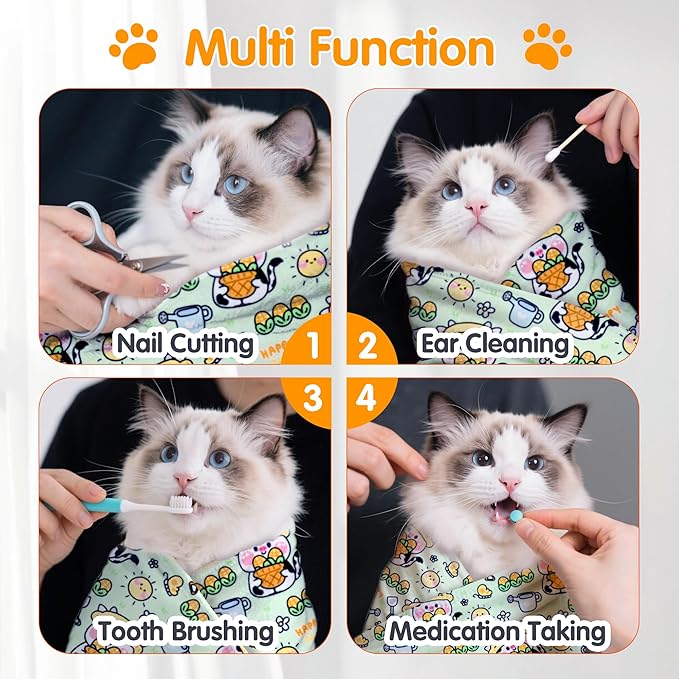 27.6" Large Cat Grooming Wrap, Cat Grooming Supplies, Cat Wrap for Cutting Nails, Self-Adhesive Cat Grooming Bag for Cats Within 15lbs Cat Restraint for Nail Clipping, Medicine Taking(Green)