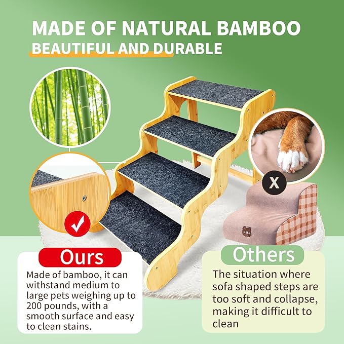 Dog Stairs for Large/Oldder Dogs,4 Steps Bamboo Wooden Pet Ramp for High Beds, Cars & Couch Sofa - Supports Dog Up to 160 LB,20-inches High