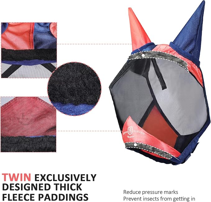 Harrison Howard Pro Luminous Horse Fly Mask Large Eye Space Half Face with Ears UV Protection for Horse Coral Orange/Navy L