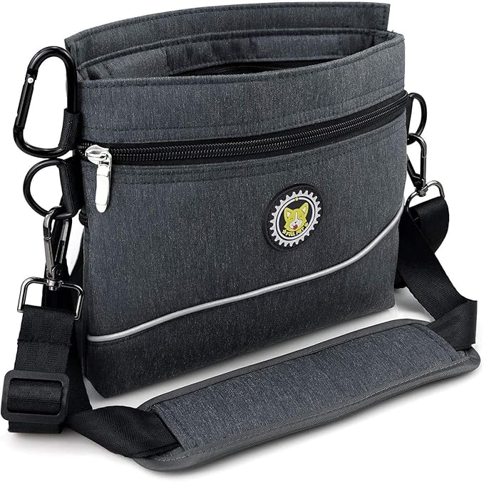 Viklluyr Dog Treat Pouch with Magnetic Closure, 2 Zip Pockets, Removable Inner Pocket, Padded Shoulder Strap, Perfect Food Bag for Agility Training - Including Carabiner
