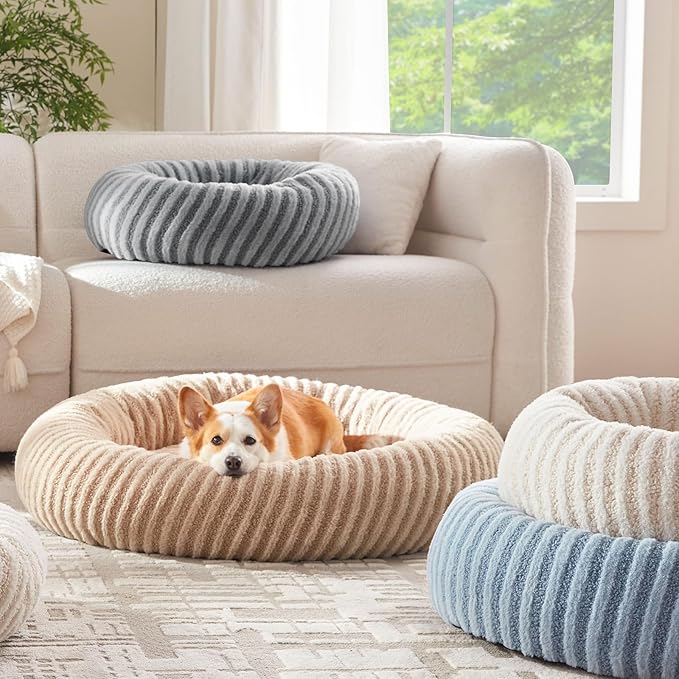 MIXJOY Calming Dog Bed Medium Size, Donut Dog Beds Medium Sized Dogs, Fluffy Plush Faux Fur Round Dog Cat Cuddler with Removable Washable Cover, 30"x30"x8", Grey