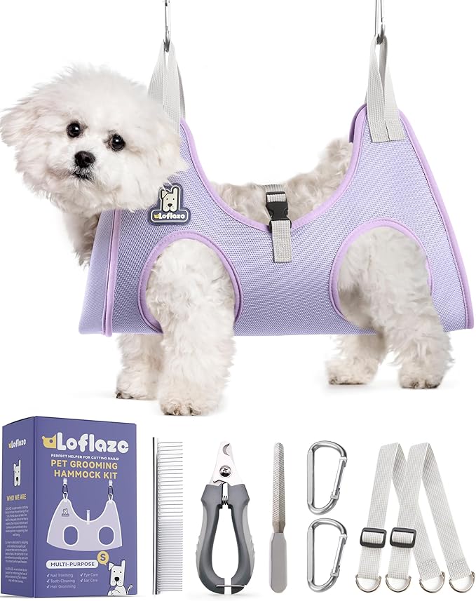 Dog Grooming Hammock Harness for Dogs & Cats with Pet Nail Clipper Trimmer - Cat Hanger Sling for Trimming Clipping Nails- Dog Hammock Restraint Bag for Small Medium Large pet （ Purple S）