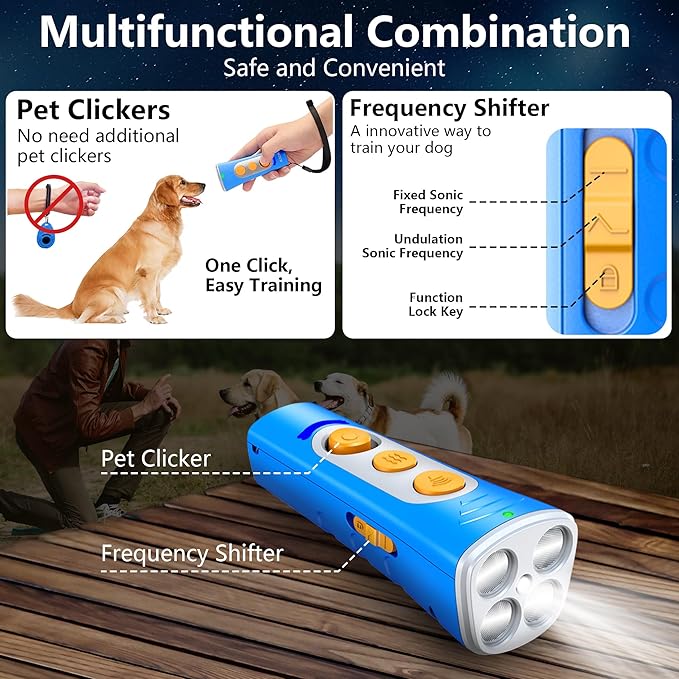 MODUS 2025New Anti Barking Device, 4X Ultrasonic Emitters Dog Bark Deterrent Device, Rechargeable Dog Barking Control Devices with 50ft Range Dog Training Tool, Alternative to Dog Shock Collar (Blue)