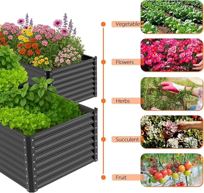 VINGLI Galvanized Raised Garden Beds Outdoor, 6x3x2 Ft, 8x4x2 Ft Lager Metal Planter Raised Beds for Planting Vegetables Flowers Herb (6 * 3 * 2（Square）)
