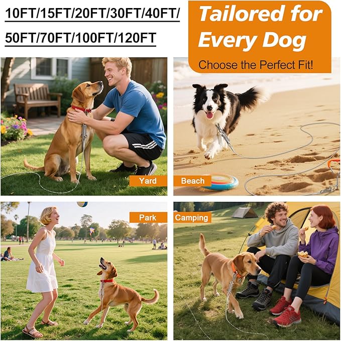 Tresbro 20 FT Dog Tie Out Cable with Spring, Shock Absorbing Tether Chains for Outside Aavilable in 10/15/20/25/30/40/50/70/100/120 FT, Heavy Duty Leads for Yard for Medium & Large Dogs Up to 500 LBS