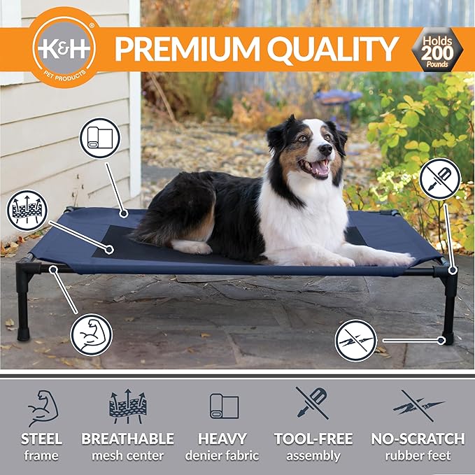 K&H Pet Products Outdoor Elevated Dog Cot, Breathable Cooling Elevated Cot Hammock Pet Bed for Large Dogs, Washable Mesh Cover, Raised Metal Frame, Collapsible, Portable - Large 42 X 30in Blue