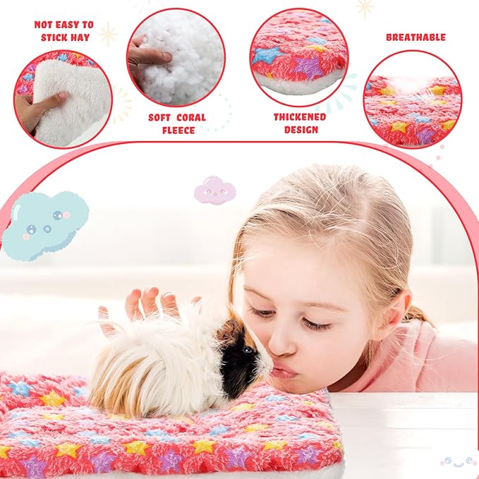 Yulejo 6 Pieces Guinea Pig Bed Mats with Cleaning Dustpan Brush Washable Plush Cage Lines Soft Fleece Sleeping Bedding Pads for Hamster Bunny Chinchilla Squirrel Small Animals (Cool Color, Star)