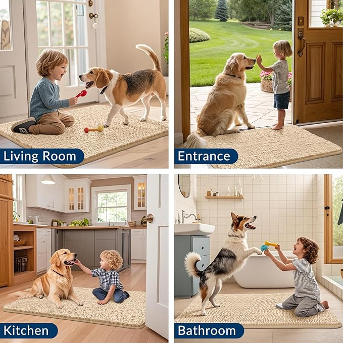 Smiry Dog Door Mat for Muddy Paws 59x20, Absorbs Moisture and Dirt Doormat, Non-Slip Washable Quick Dry Chenille Front Door Mat Indoor Entrance, Entryway Carpet for Inside Floor, Beige