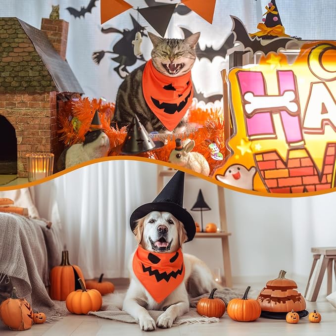 Newwiee 50 Pcs Halloween Dog Bandanas Bulk Pumpkin Dog Bandanas for Dogs Bibs Triangle Dog Scarf Dog Kerchief Set Orange Dog Bandanas for Halloween Pet Costume Accessories Decoration