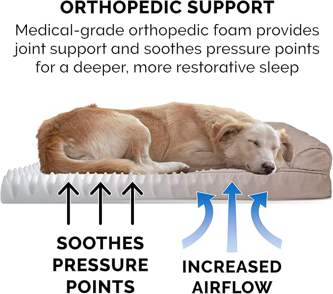 Furhaven Orthopedic Dog Bed for Large Dogs w/ Removable Bolsters & Washable Cover, For Dogs Up to 95 lbs - Plush & Suede Sofa - Almondine, Jumbo/XL