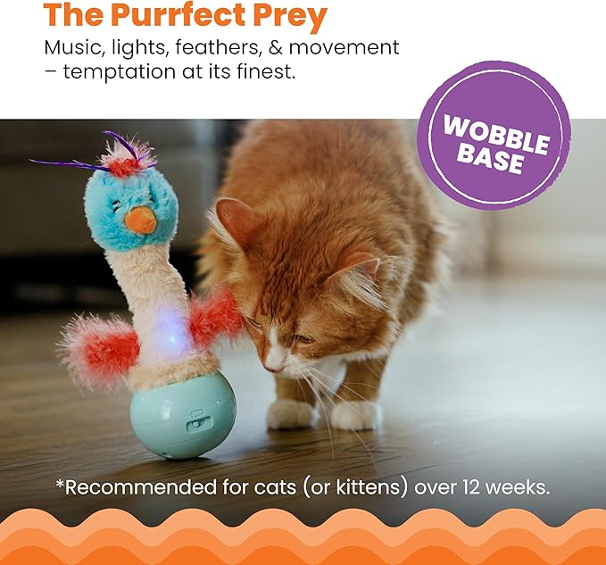 Catstages Electronic Dancing Ostrich Interactive Cat Toy, Wobbles and Plays Music, Battery Powered, Plush, Blue