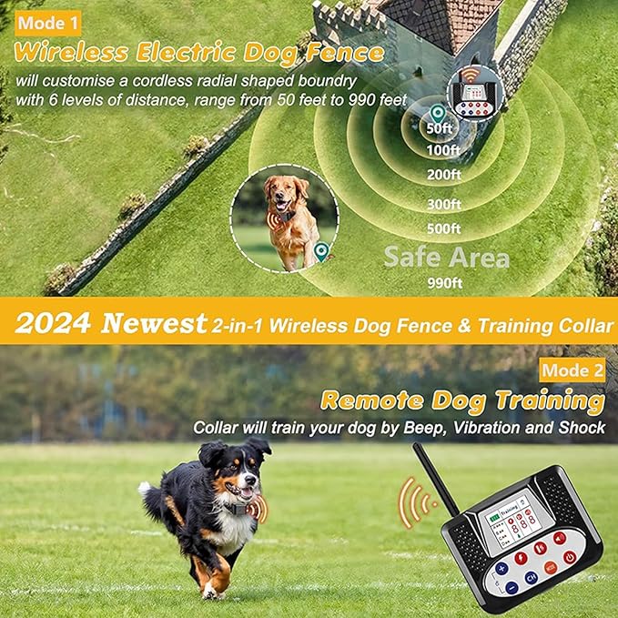 Wireless Dog Fence & Dog Training Collar 2 in 1, Electric Pet Boundary Container with Remote, Waterproof Receiver, Vibrate/Shock, Safe Effective, Stubborn Dog Fence System for Yard,for4dogs