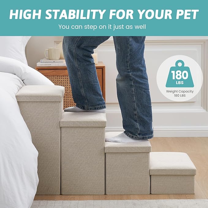 Dog Stairs with Storage, 3-Step Wider Sturdy Dog Steps for Small/Medium/Large Dogs and Older Cats, Folding Doggie Ramp for Bed/Couch/Car Hold Up to 180 lbs (16.7" H, Beige)