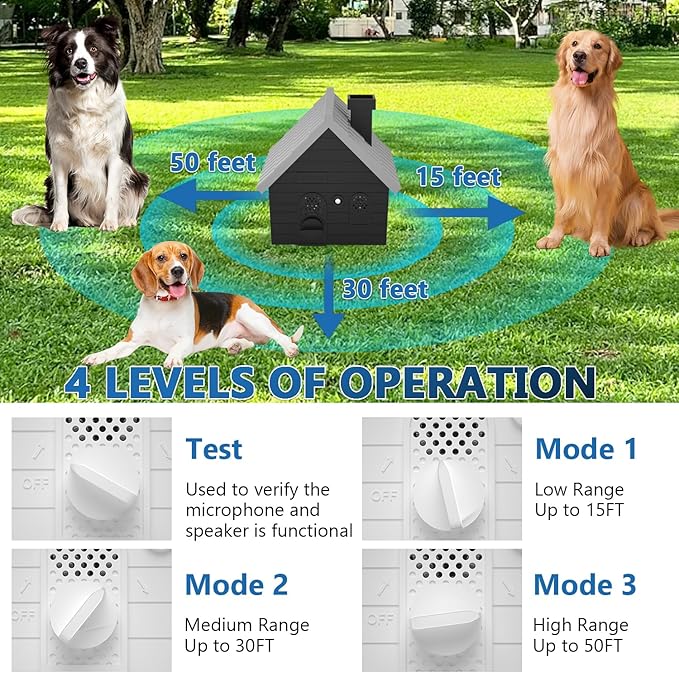 Dog Barking Control Devices, Anti Barking Device Ultrasonic Dog Barking Deterrent with 4 Modes, Stop Barking Dog Devices Up to 50 Ft Range, 2 in 1 Weatherproof Bark Control Device Outdoor Indoor
