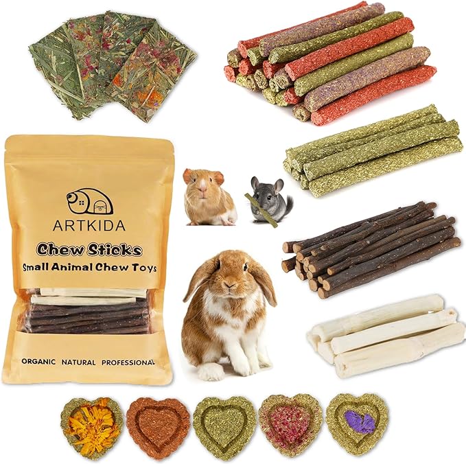 65PCS Rabbit Bunny Guinea Pig Chew Toys Treats, Chinchilla Hamster Chews Toys for Teeth, Timothy Hay Chips Treats Sticks for Rabbit Guinea Pig Chinchilla Hamster Rat